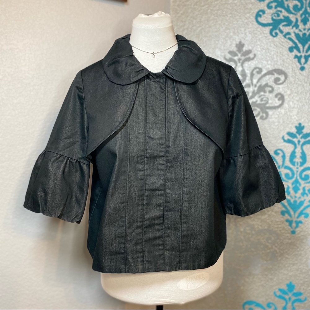 NOUVEAUX Light Denim Black Jacket- Softly Ruffled round collar jacket